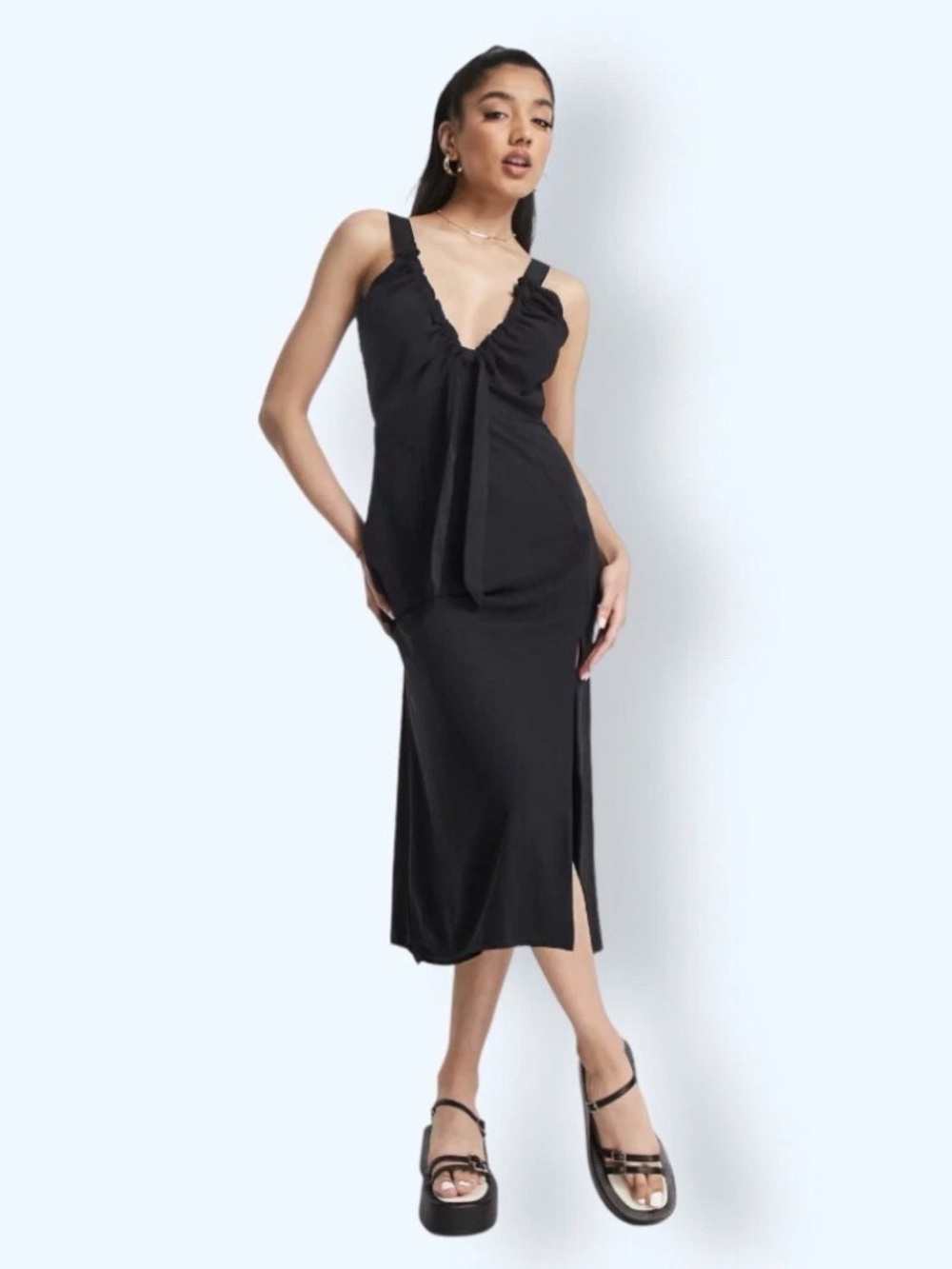 Abercrombie & Fitch Black Matte Black SatinCinched Neck & Slit Midi Dress SZ M